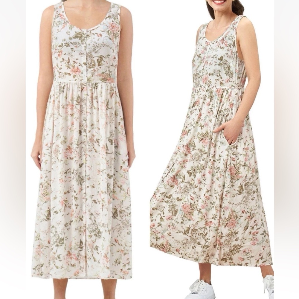 Frye Gauzy White Floral Button Front Sleeveless Midi Sun Dress, Women's XL
